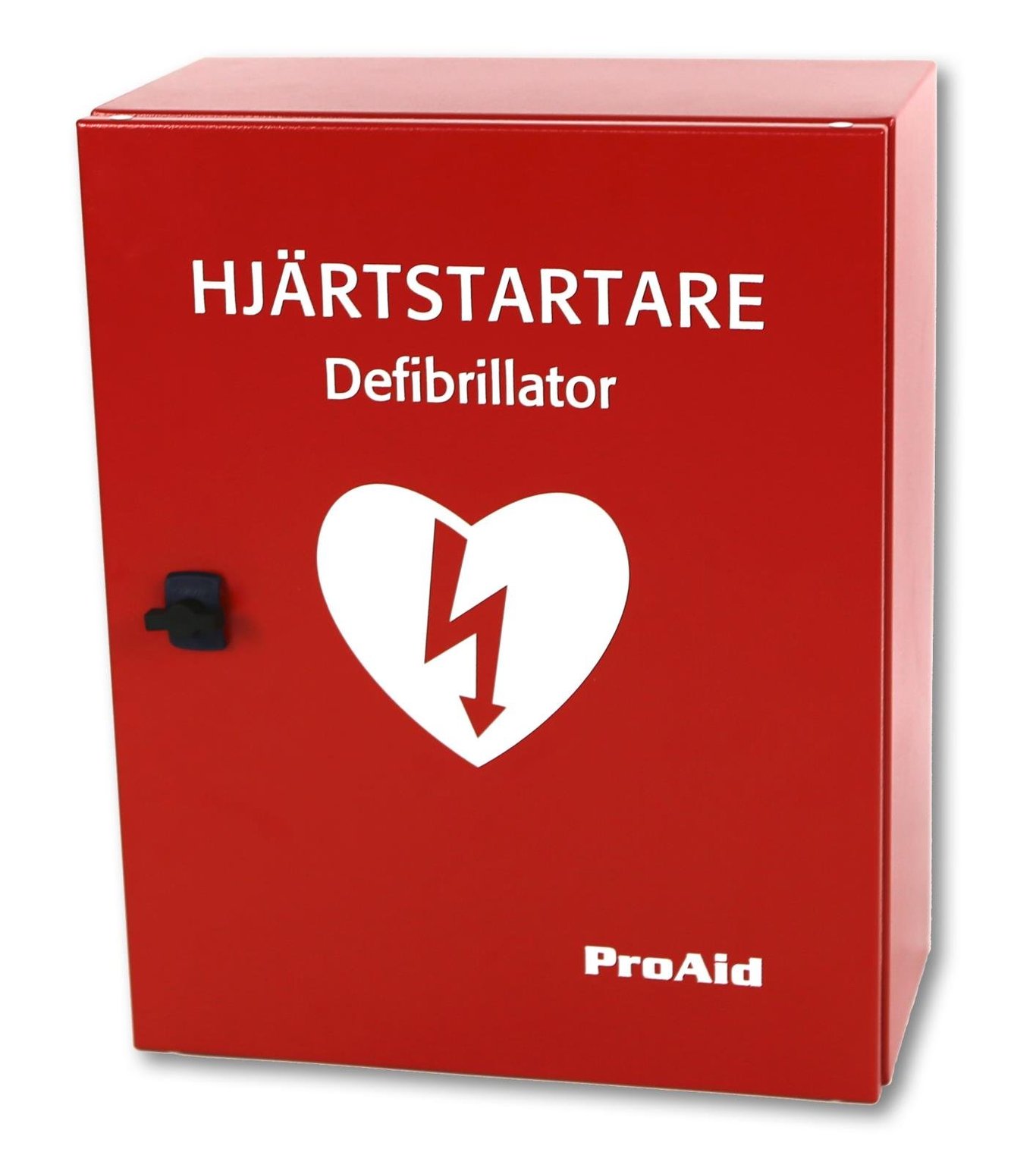 Röd hjärtstartare och defibrillator i skåp märkt ProAid