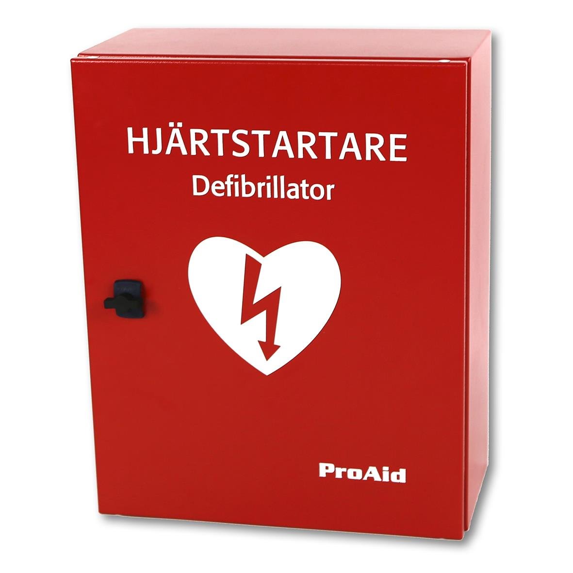 Röd hjärtstartare och defibrillator i skåp märkt ProAid