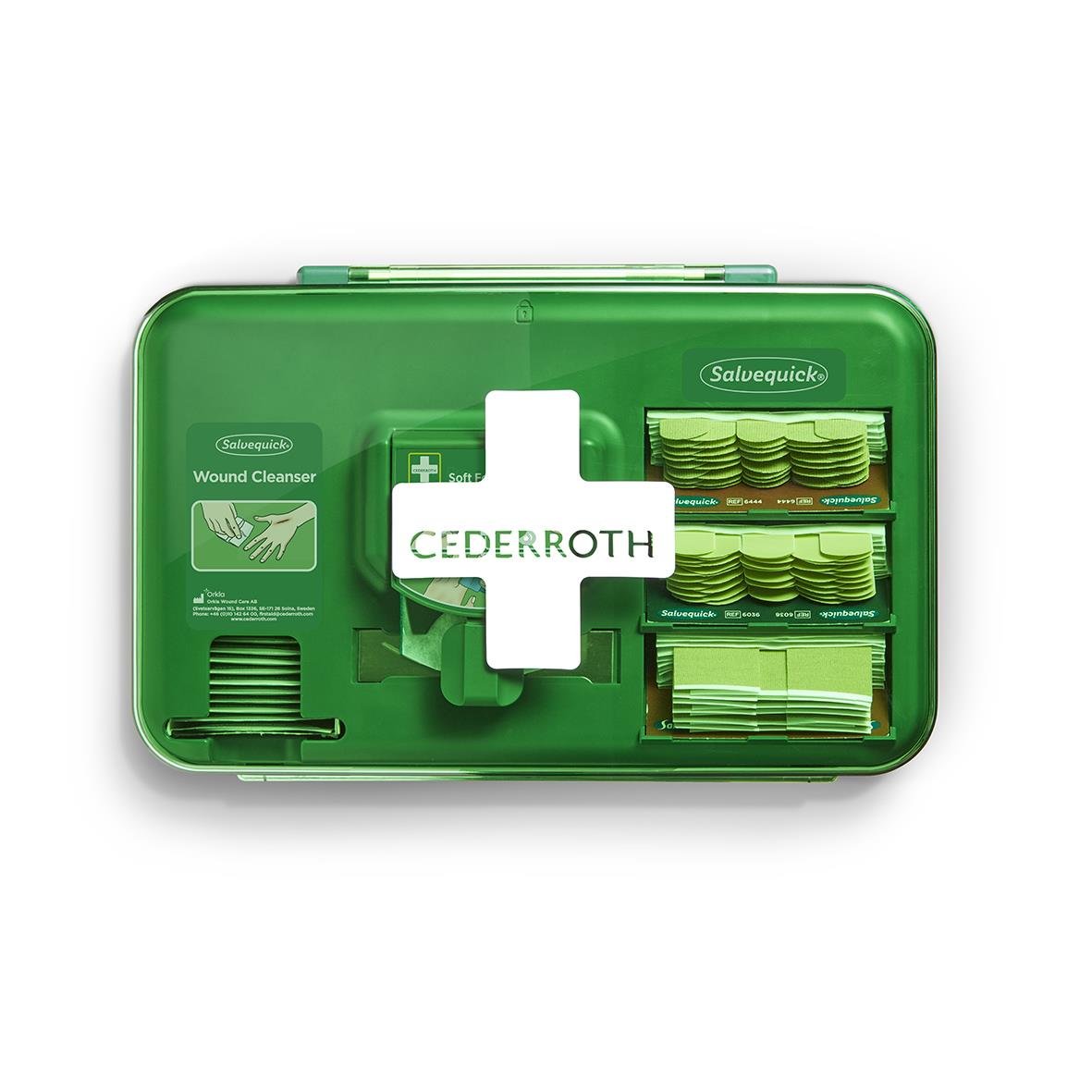 Första hjälpen Cederroth station med sårvårdsprodukter i grönt plastskåp