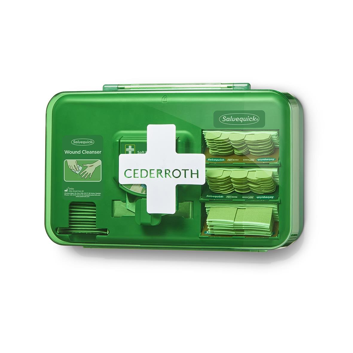 Första hjälpen station Cederroth med sårvårdsutrustning i grönt plastskåp