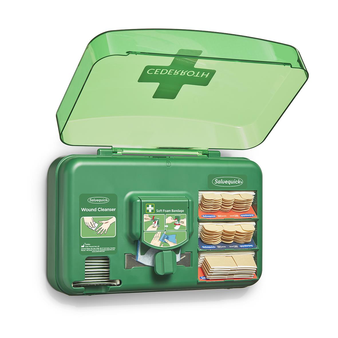 Cederroth första hjälpen station med sårvårdsutrustning och förbandsmaterial