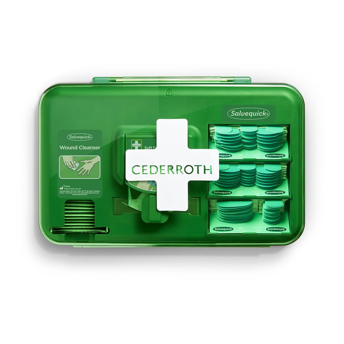 Cederroth första hjälpen station för sårvård i grönt plastskåp