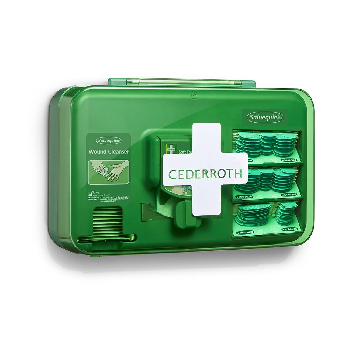 Första hjälpen station Cederroth med sårvårdsprodukter i grönt plastskåp