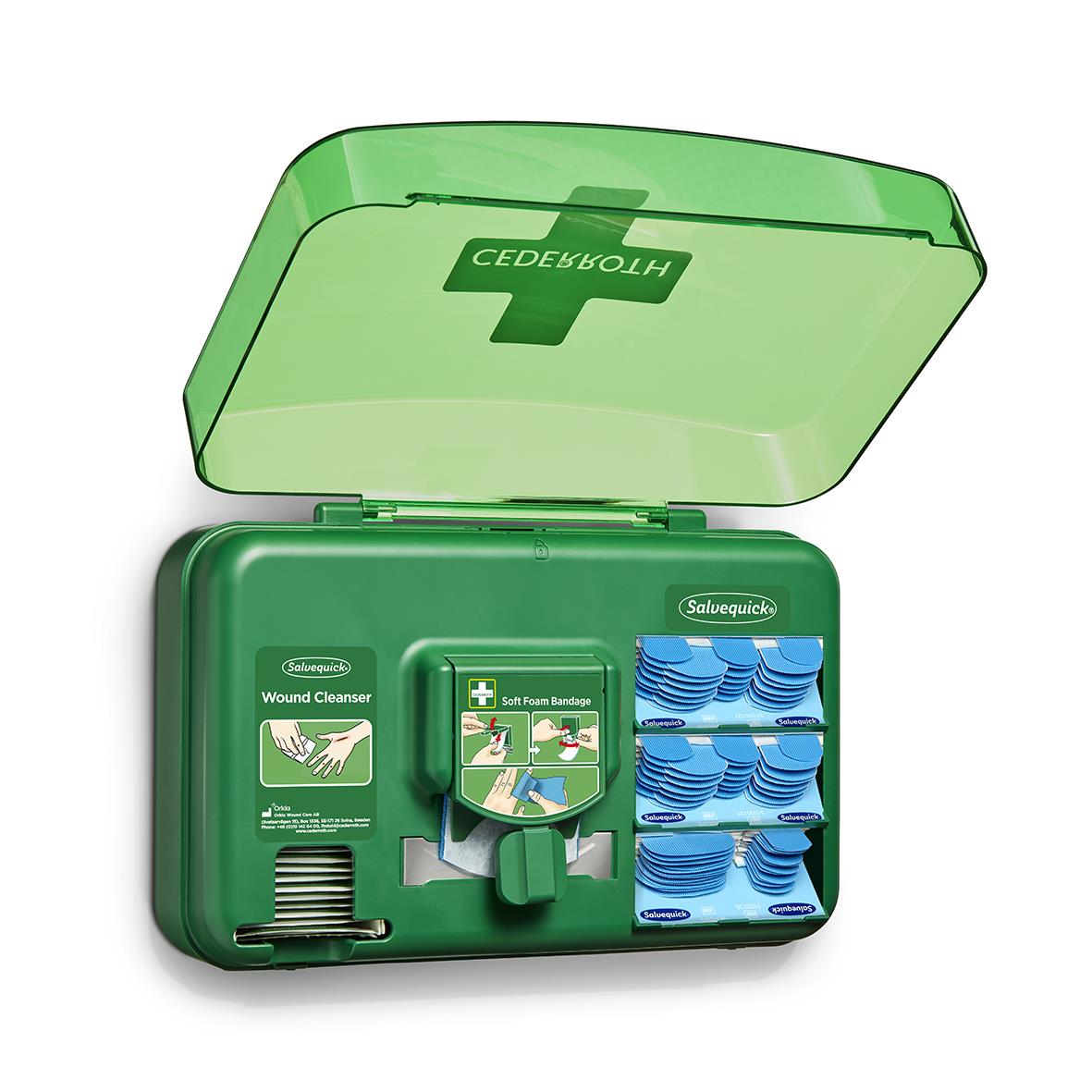 Första hjälpen station Cederroth för sår, blå färg, med olika förbandsmaterial
