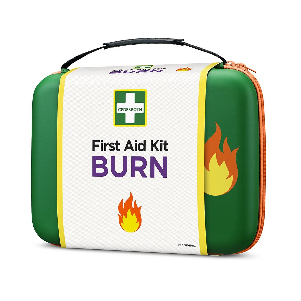 Första hjälpen väska för brännskador från Cederroth med grönt och vitt lock och brandfackla symbol
