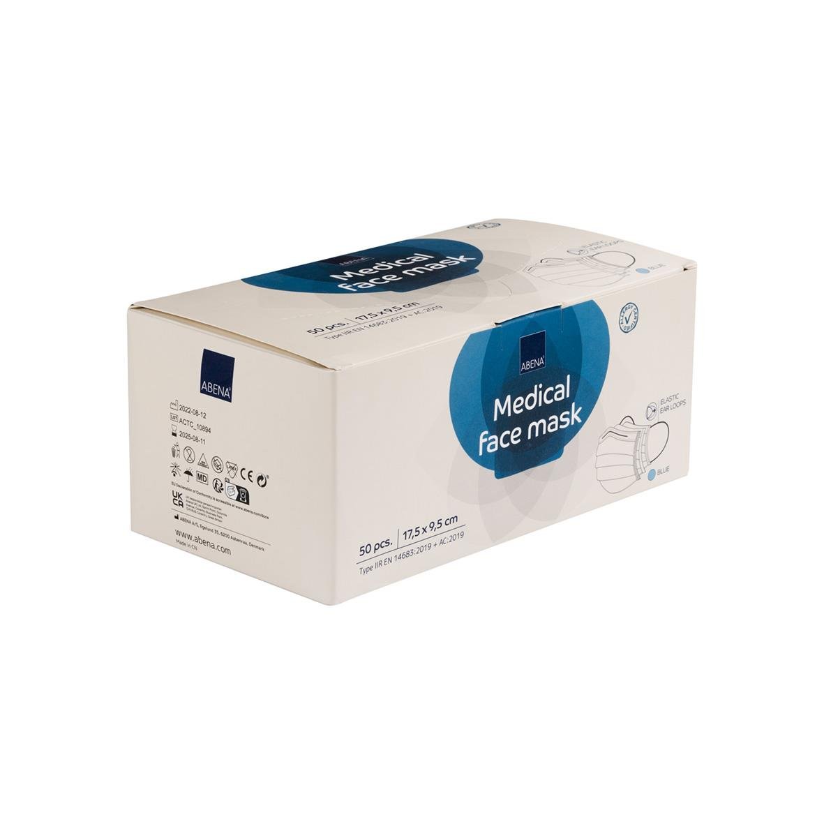 Förpackning med 50 medicinska ansiktsmasker i vit och blå färg