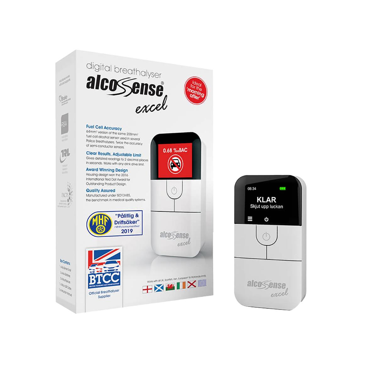 Alcosense Excel alkoholmätare med digital skärm och förpackning