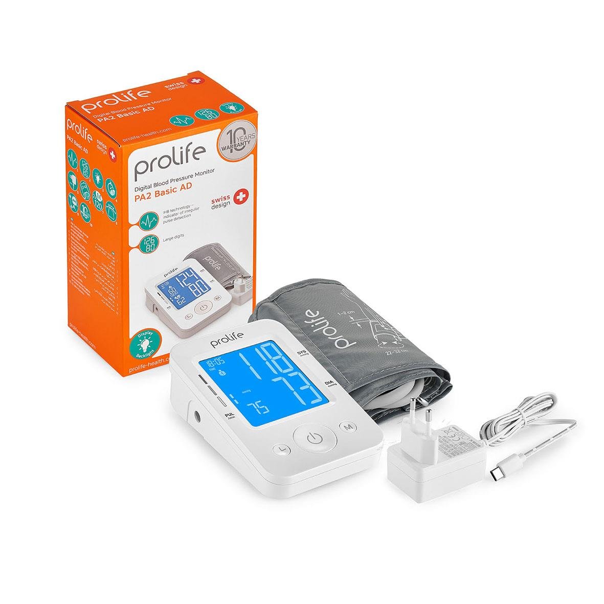 Blodtrycksmätare Prolife Digital PA2 Basic AD med digital skärm, manschett och tillbehör