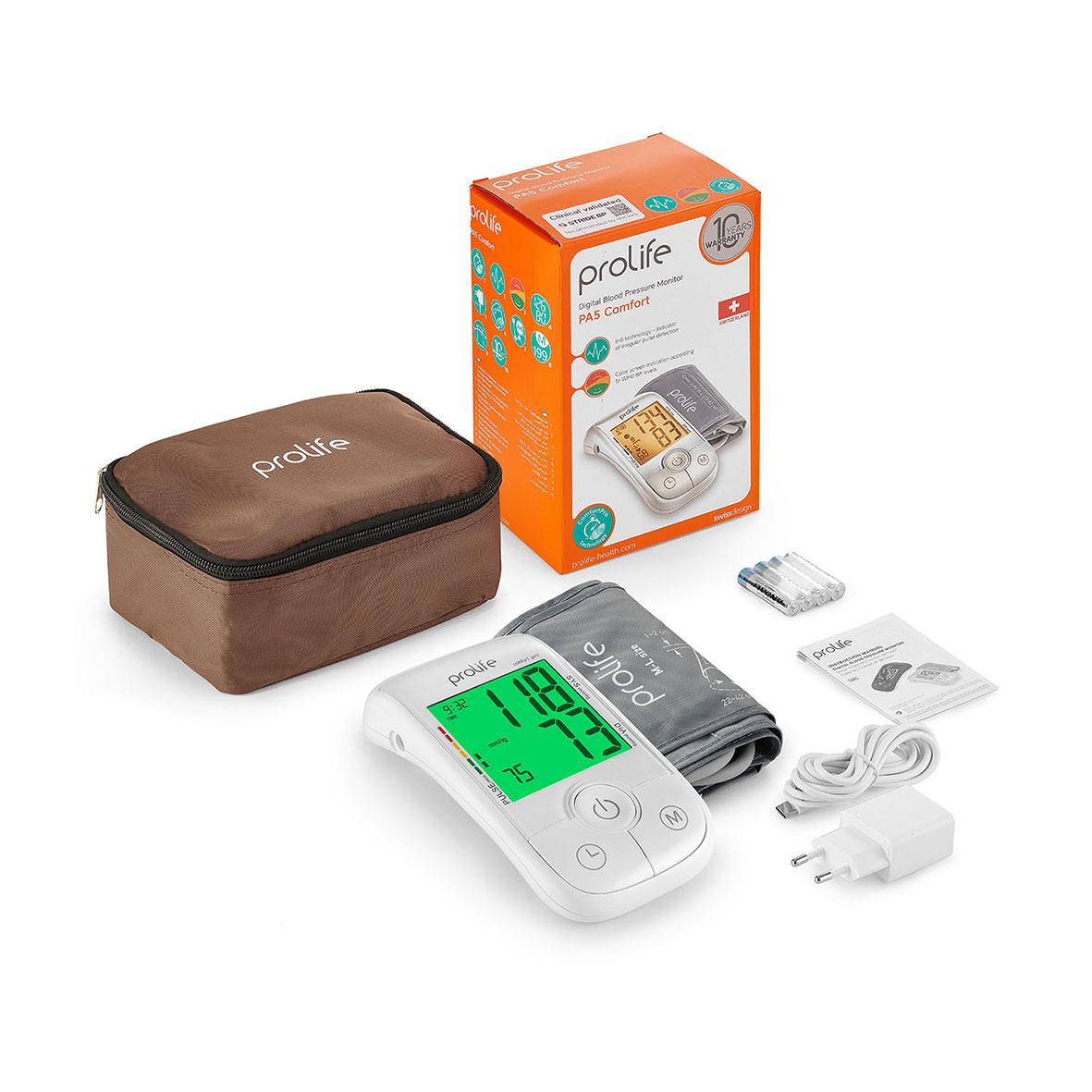 Blodtrycksmätare Prolife Digital PA5 Comfort med mätare, förpackning, tillbehör och väska
