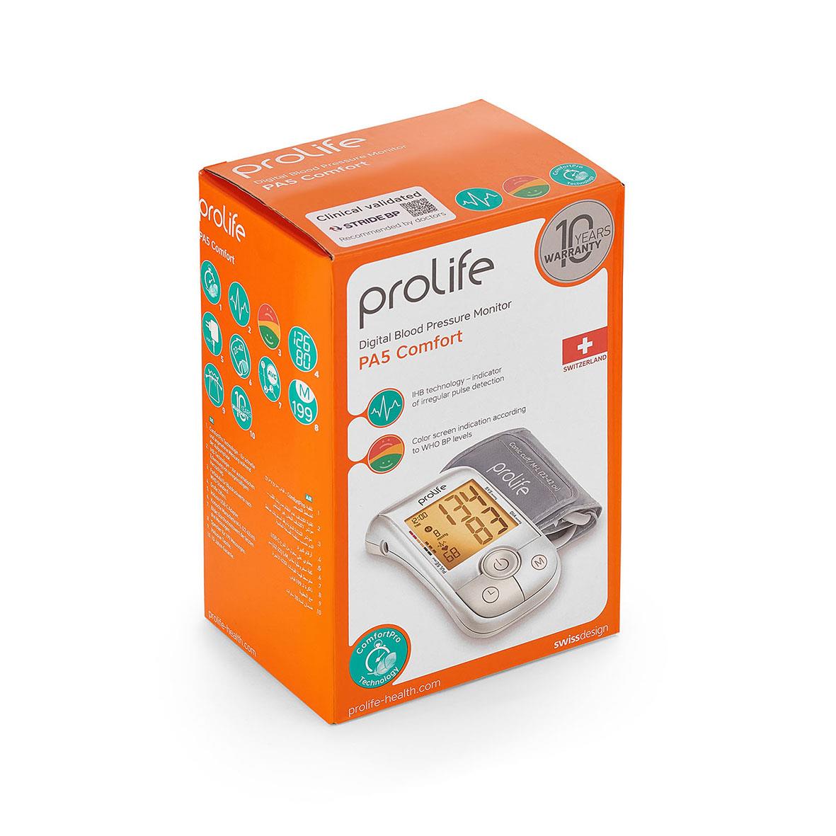 Blodtrycksmätare Prolife Digital PA5 Comfort i orange förpackning med bild av enheten