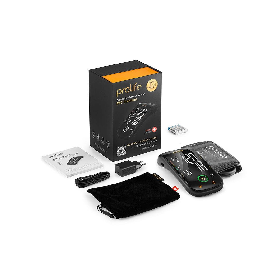 Blodtrycksmätare Prolife Digital PX7 Premium med mätarm, batteri, manual och förvaringspåse