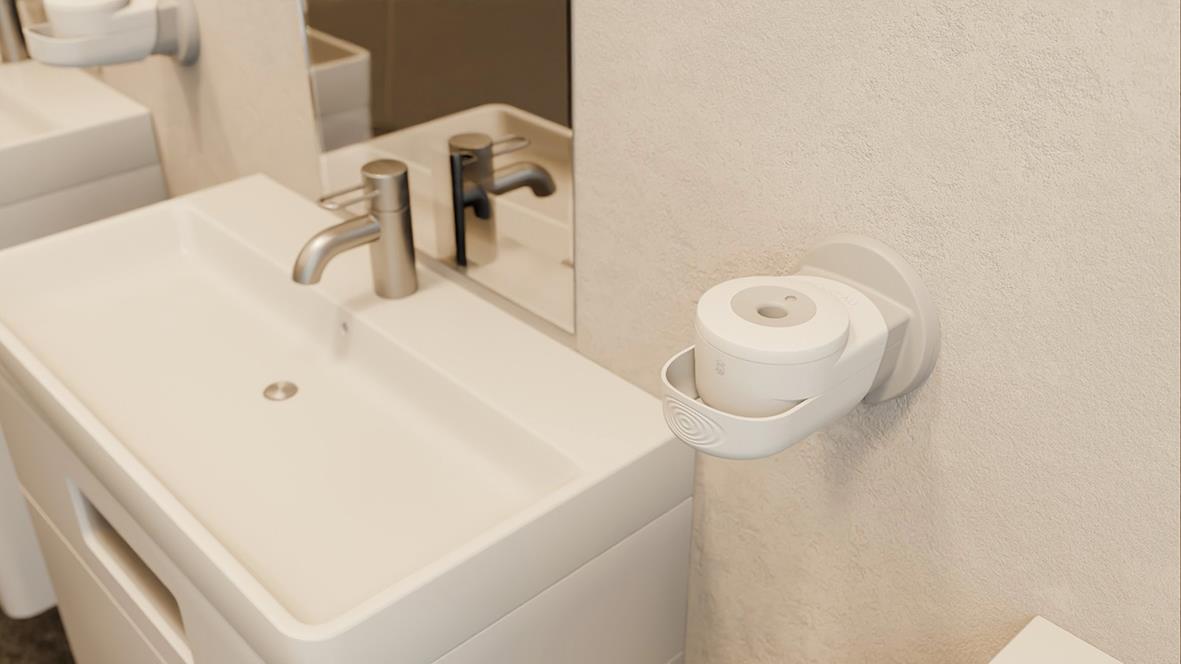 Tvåldispenser LESSEAU manuell för fast handtvål, vit, monterad vid handfat