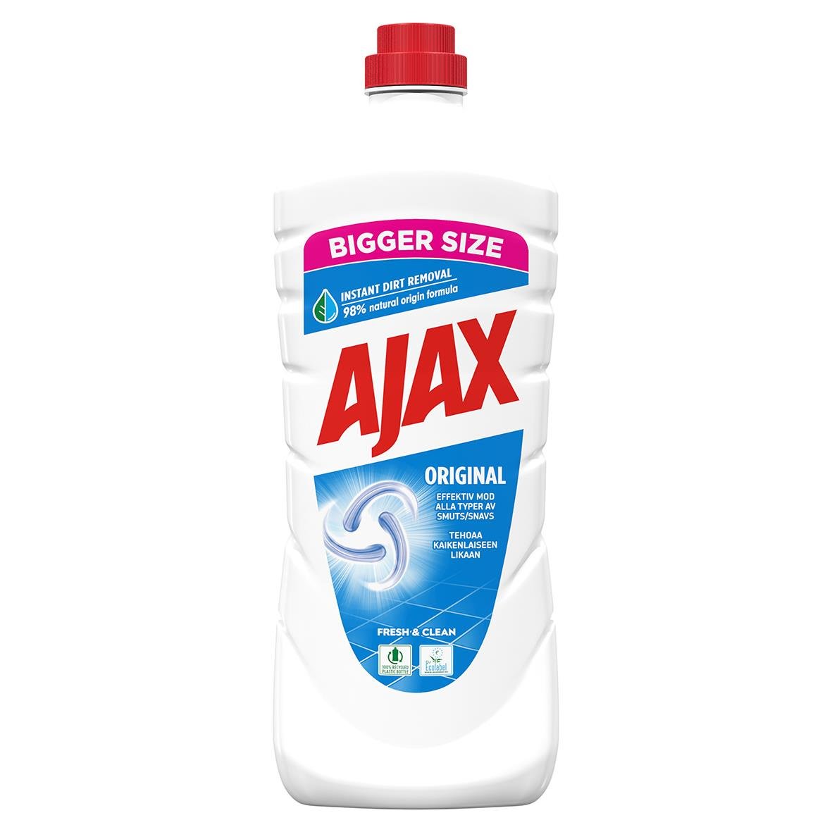 Ajax Original 1,5L rengöringsmedel i flaska med rött lock och blå och röd etikett