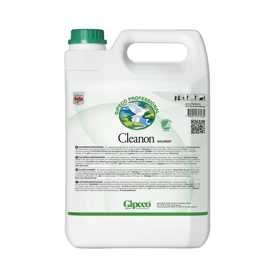 Stor 5L flaska Gipeco Cleanon golvvårdsprodukt med grön lock