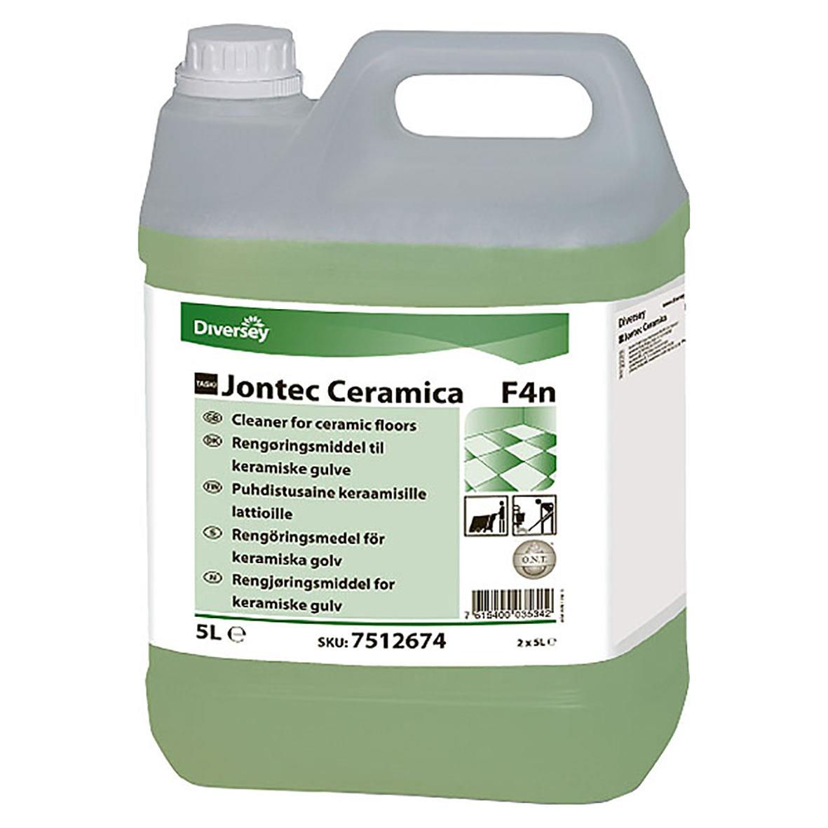 Stor grön och vit hink med rengöringsmedel för keramiska golv, märkt Diversey Jontec Ceramica F4n 5L