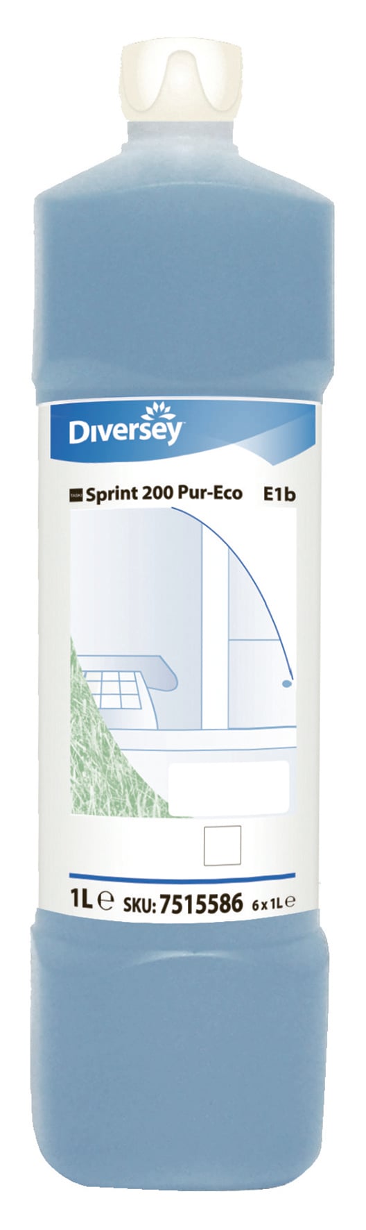 Blå rengöringsflaska med etikett för Diversey Sprint 200 Pur-Eco E1b 1L, för städning och rengöring.