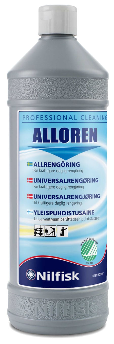 Stor flaska Allrent Nordex Alloren parfymfri rengöringsmedel 1L med blå och grå etikett
