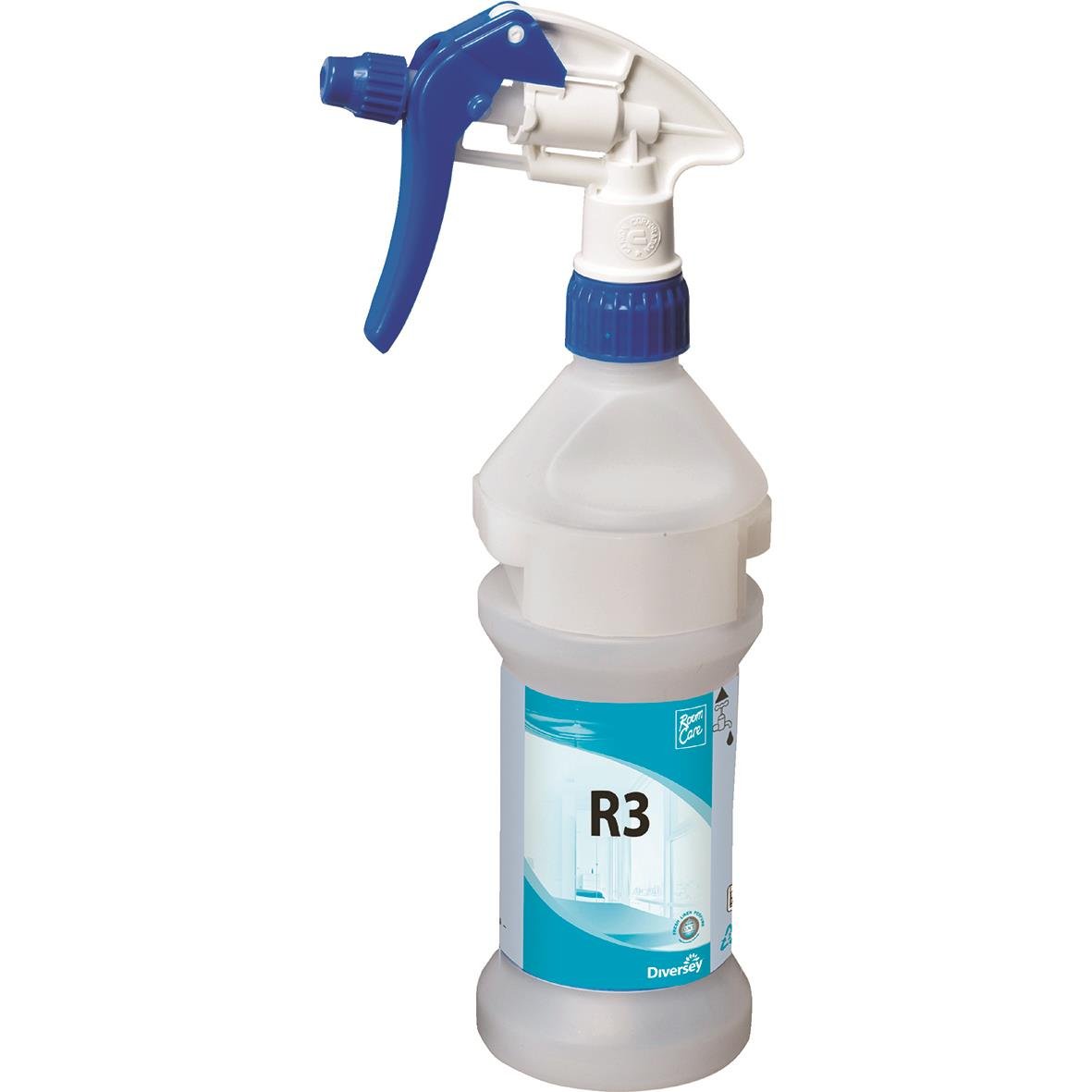 Ljusblå sprayflaska Divermite R3 med spraymunstycke och 300 ml kapacitet