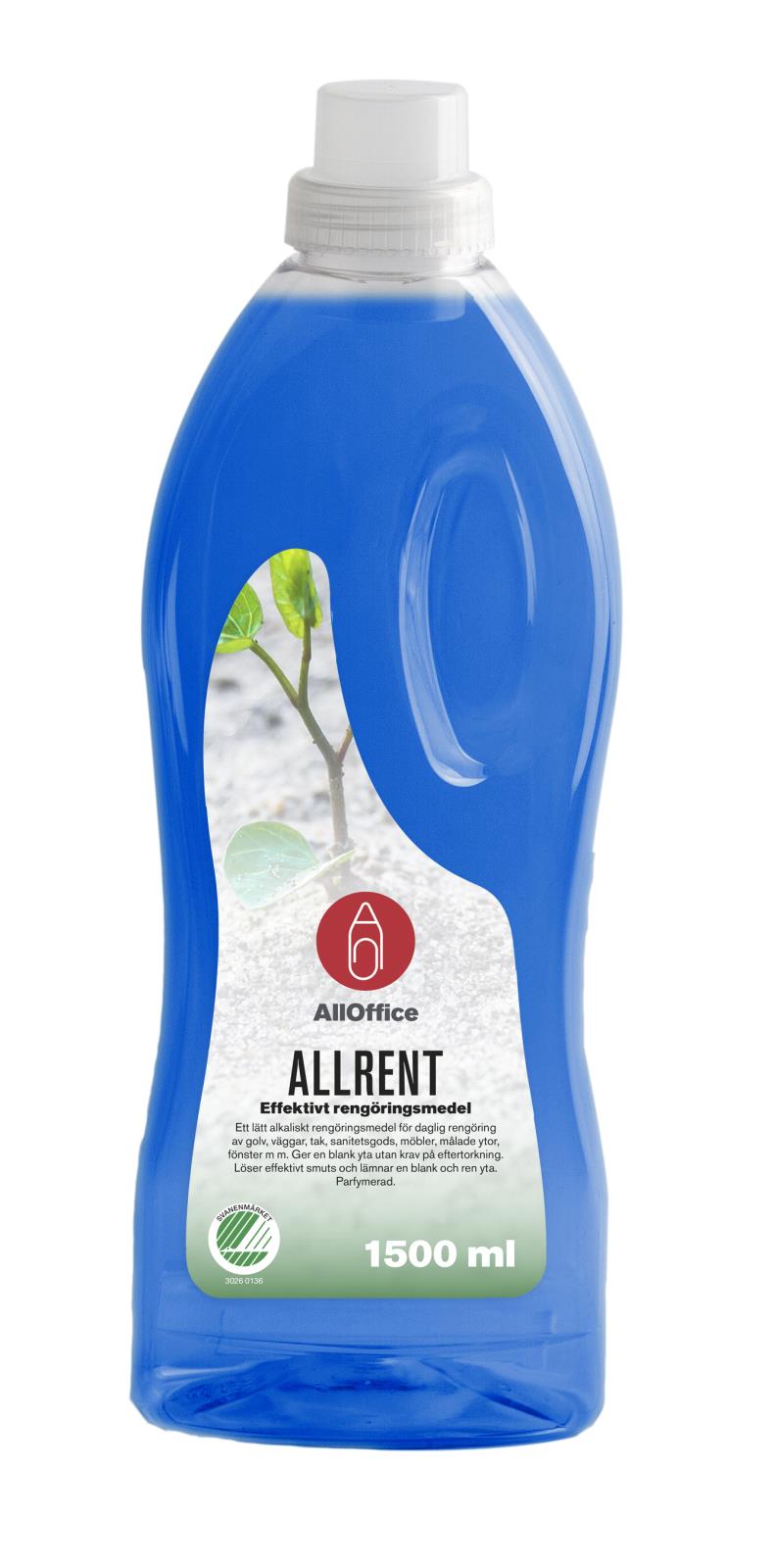 Blå plastflaska med vit kork, innehåller Allrent rengöringsmedel för olika ytor, 1,5 liter