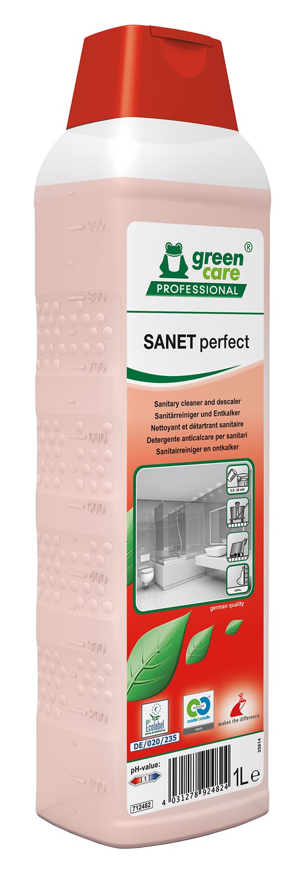 Rosa och vit flaska med grönt Care Professional SANET Perfect etikett, visar badrumsscen och miljömärken