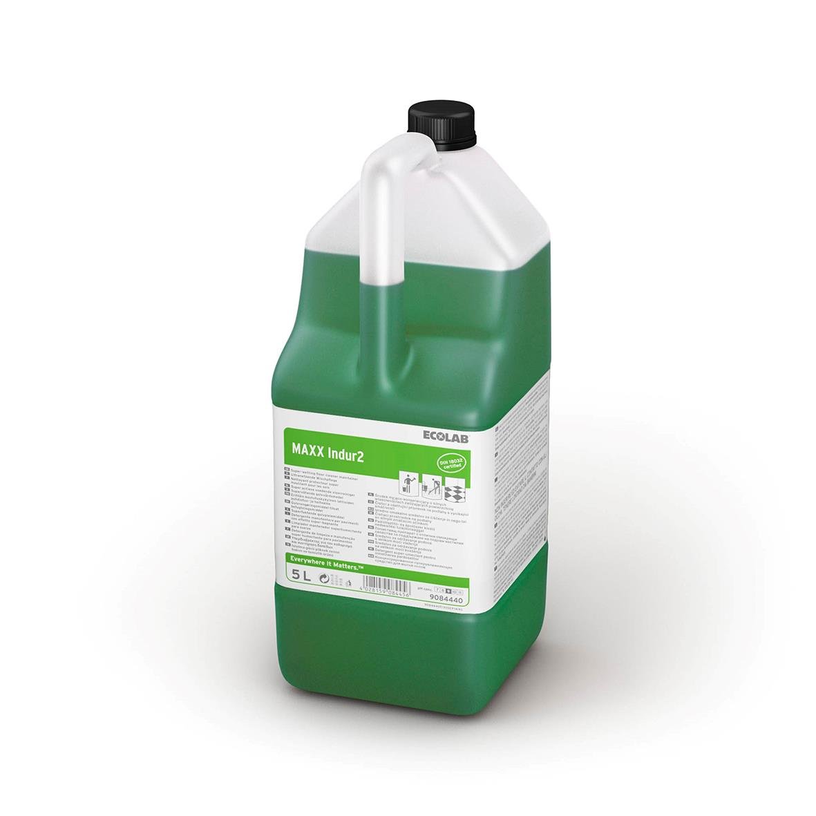 Grön och vit plastflaska med svart lock, märkning för Allrent Ecolab Maxx Indur S 5L