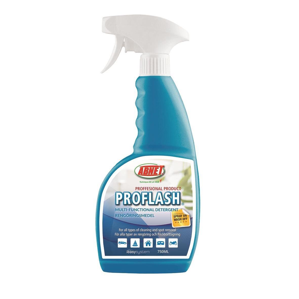 Blå sprayflaska med vit sprutmunstycke och etikett för Allrent Abnet Proflash 750ml, rengöringsmedel för olika ytor