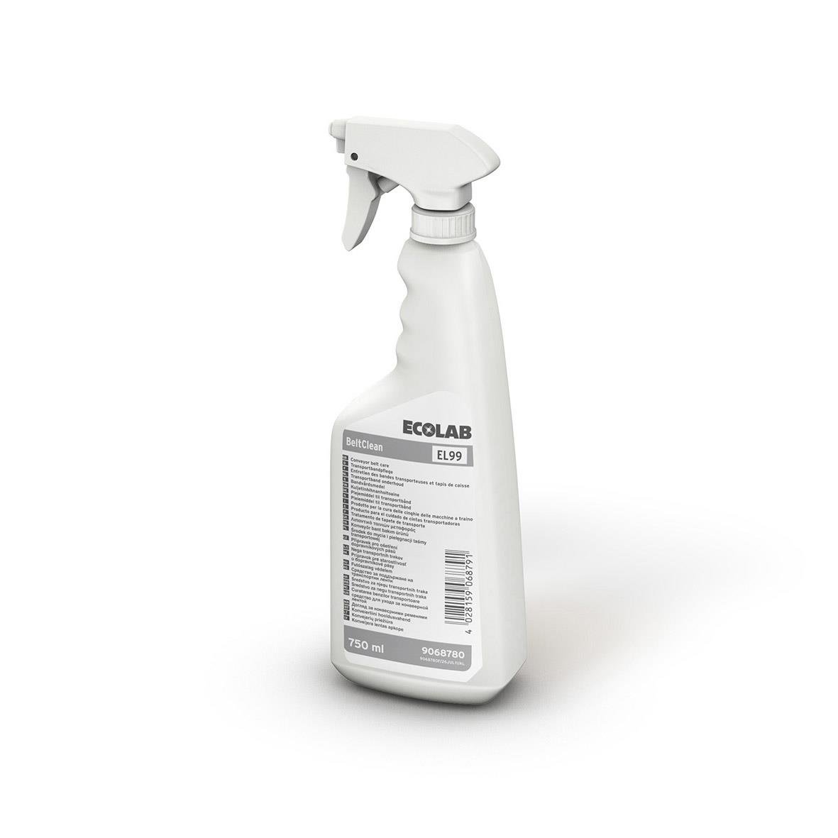 Ett vitt sprayflaska med Ecolab Beltclean EL 99 750ml etikett
