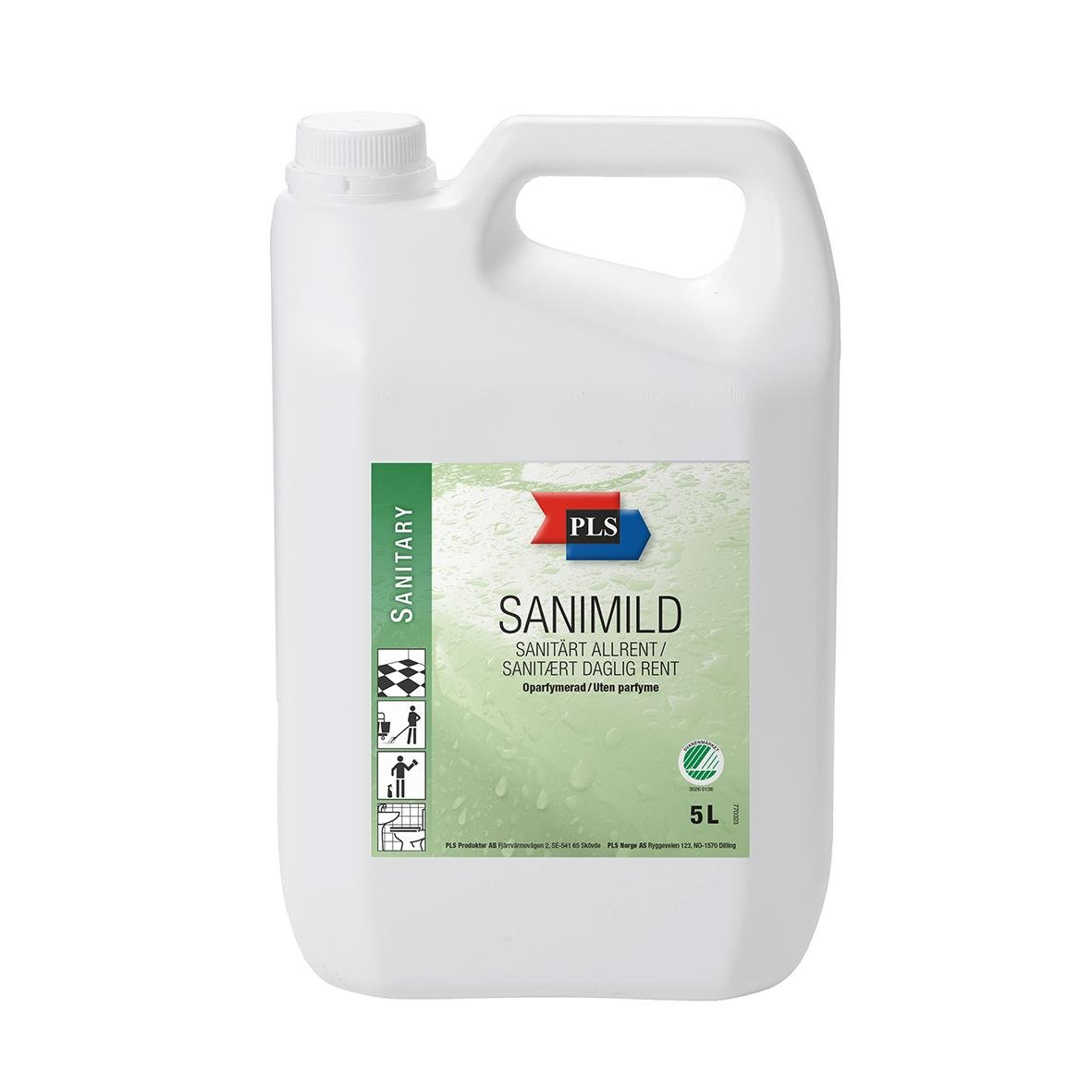 Stor vit plastflaska med grön och röd etikett för Sanitetsrent PLS Sanimild oparfymerad 5L