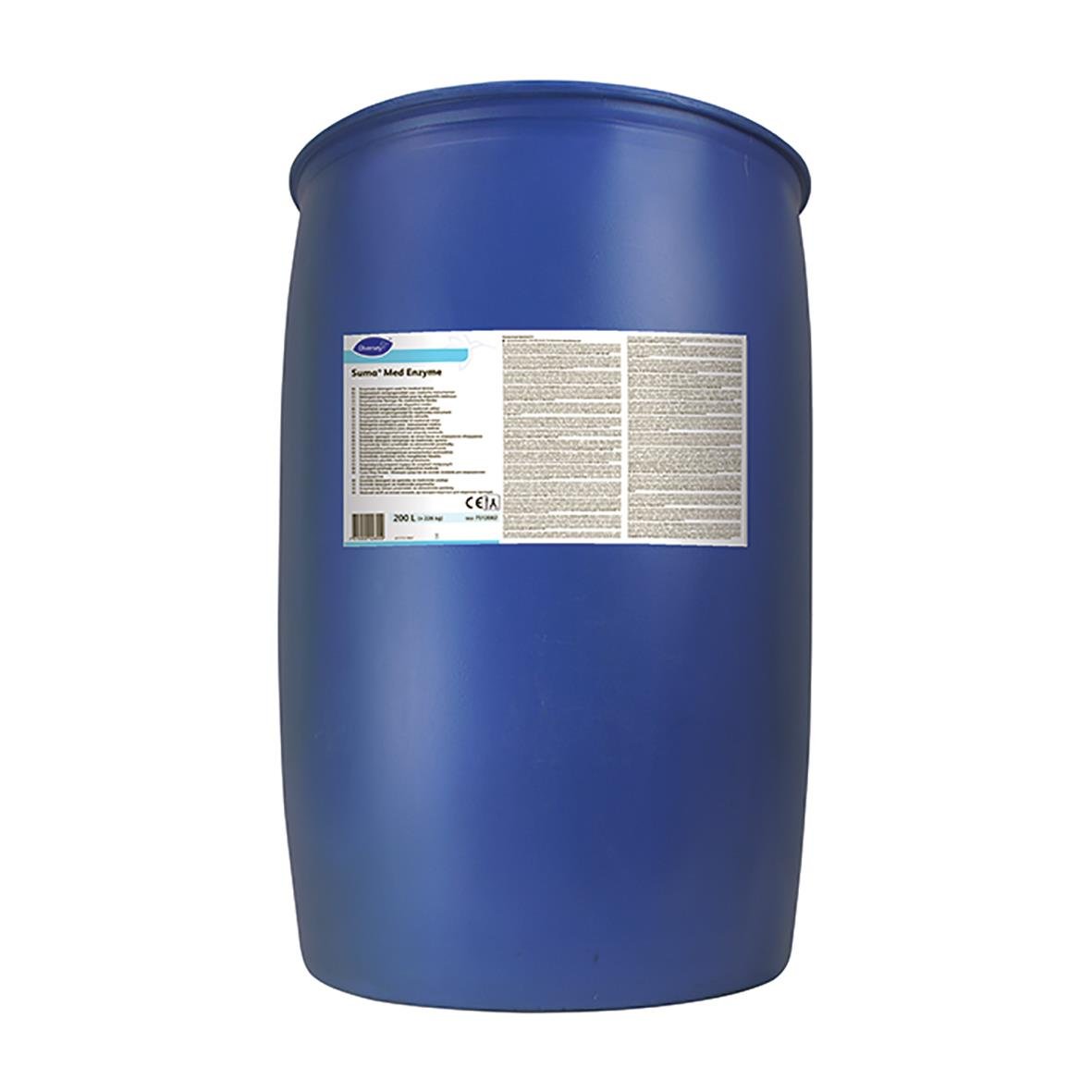 Stor blå tunna med etikett för Spol & Diskdesinfektion Diversey Suma Med Enzyme 200L