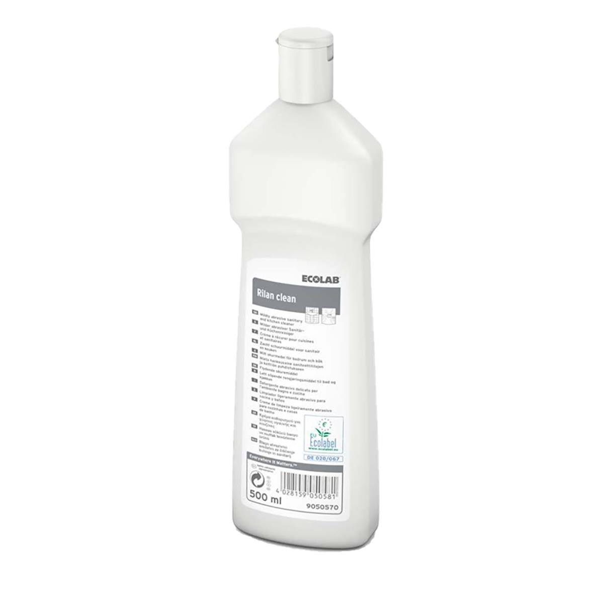 Vit plastflaska med rengöringsmedel Allrent Ecolab Rilan Clean 500ml