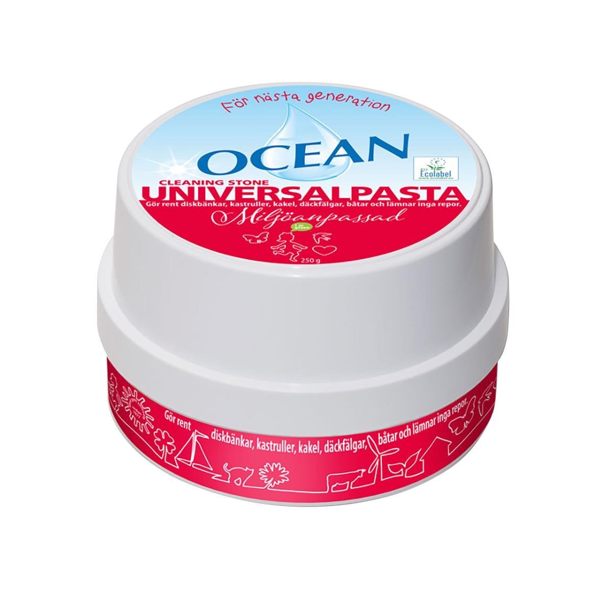 Universalpasta Ocean 250g i rund burk med blå och röd etikett