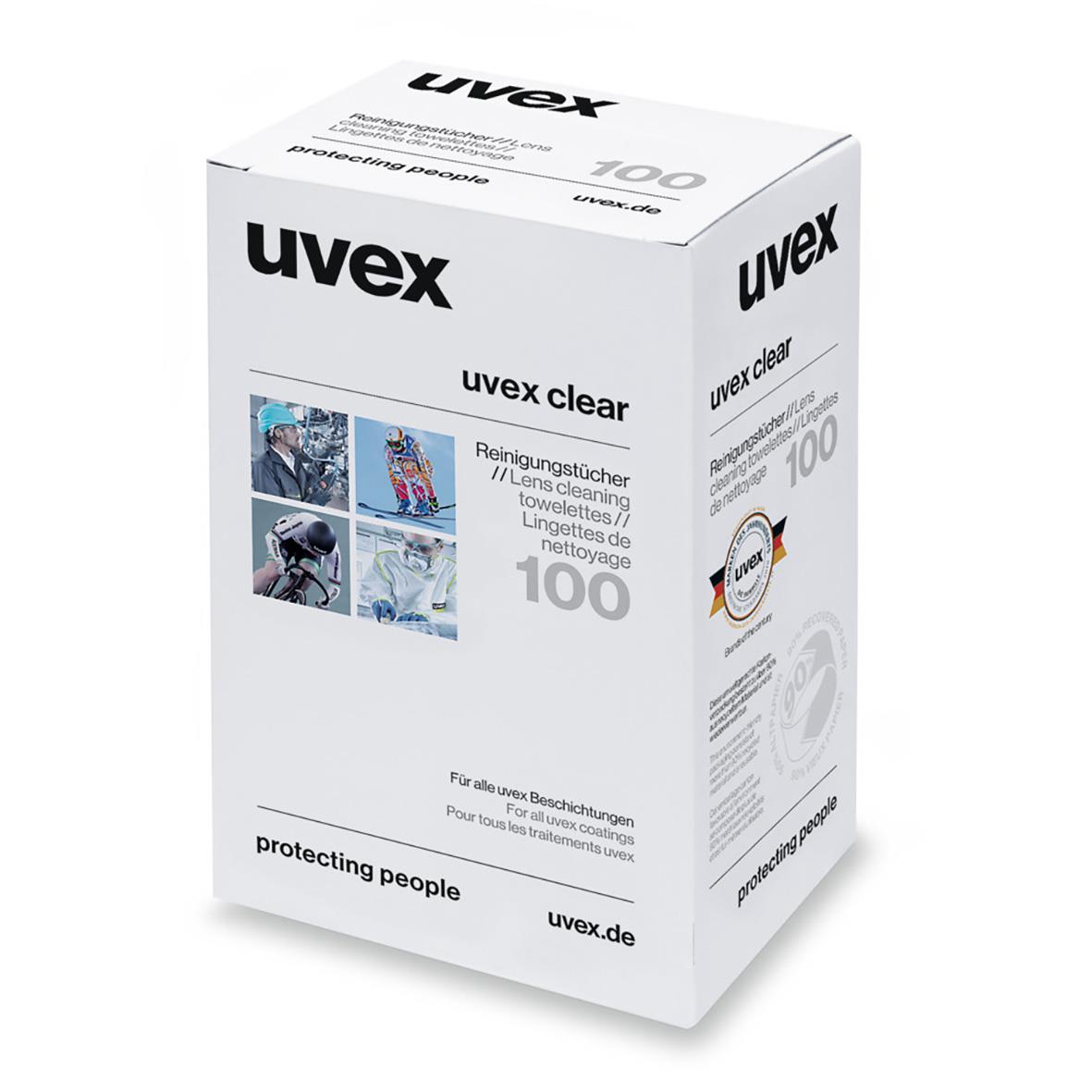 Rengöringsservett för glasögon från Uvex 9963.000 i en vit förpackning med bilder och text