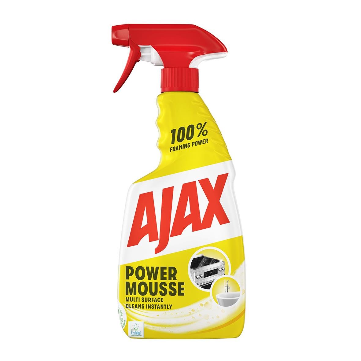Ajax Power Mousse Multi Surface Spray 500ml i sprayflaska med röd och gul design