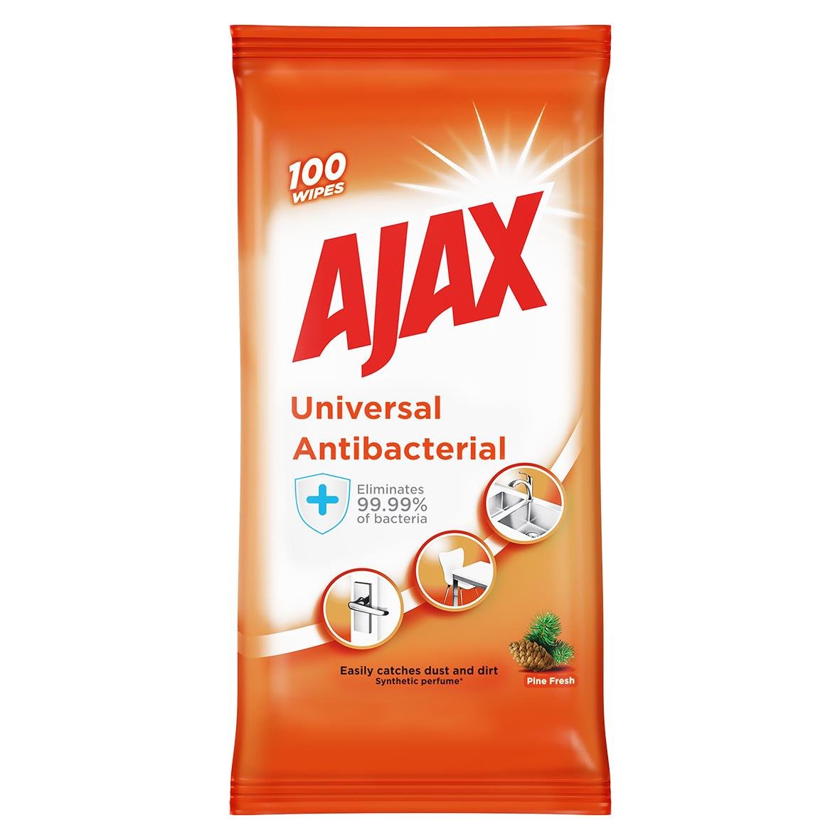 Allrent Ajax Wipes Universal Multisurface för rengöring av olika ytor, eliminerar 99.99% av bakterier, 100 våtservetter i förpackningen