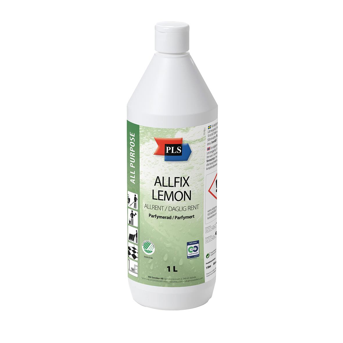 Allrent PLS Allfix Lemon 1L rengöringsmedel i vit flaska med grönt och rött etikett