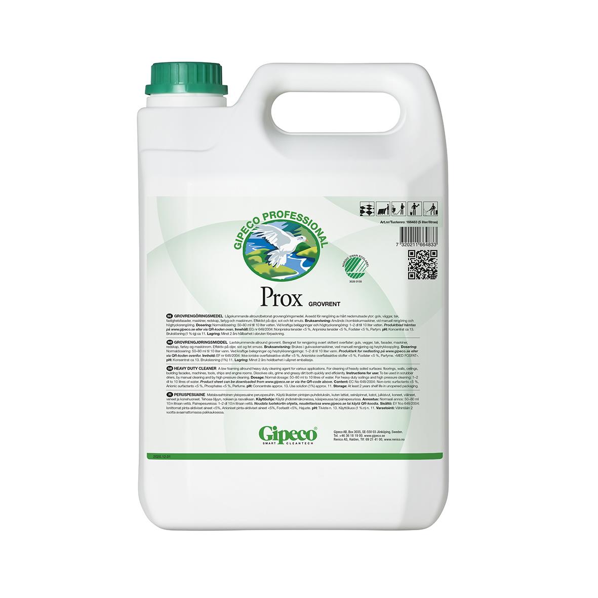 Gipco Gipeco Prox 5L grovrengöringsmedel i stor vit plastflaska med grön lock
