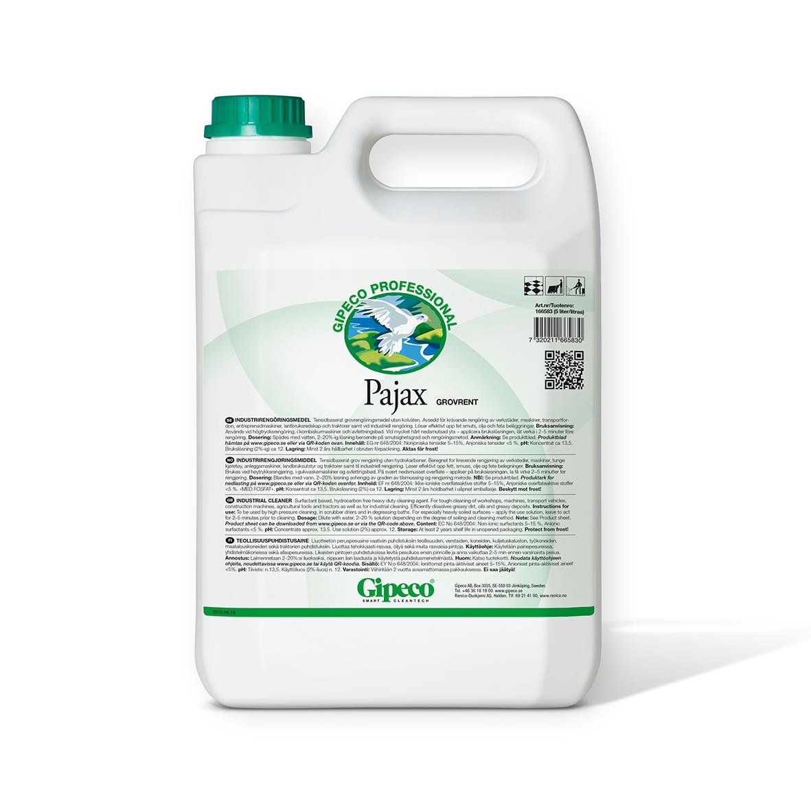 Grovrent Gipeco Pajax 5L, stor rengöringsvätska i vit plastflaska med grön lock