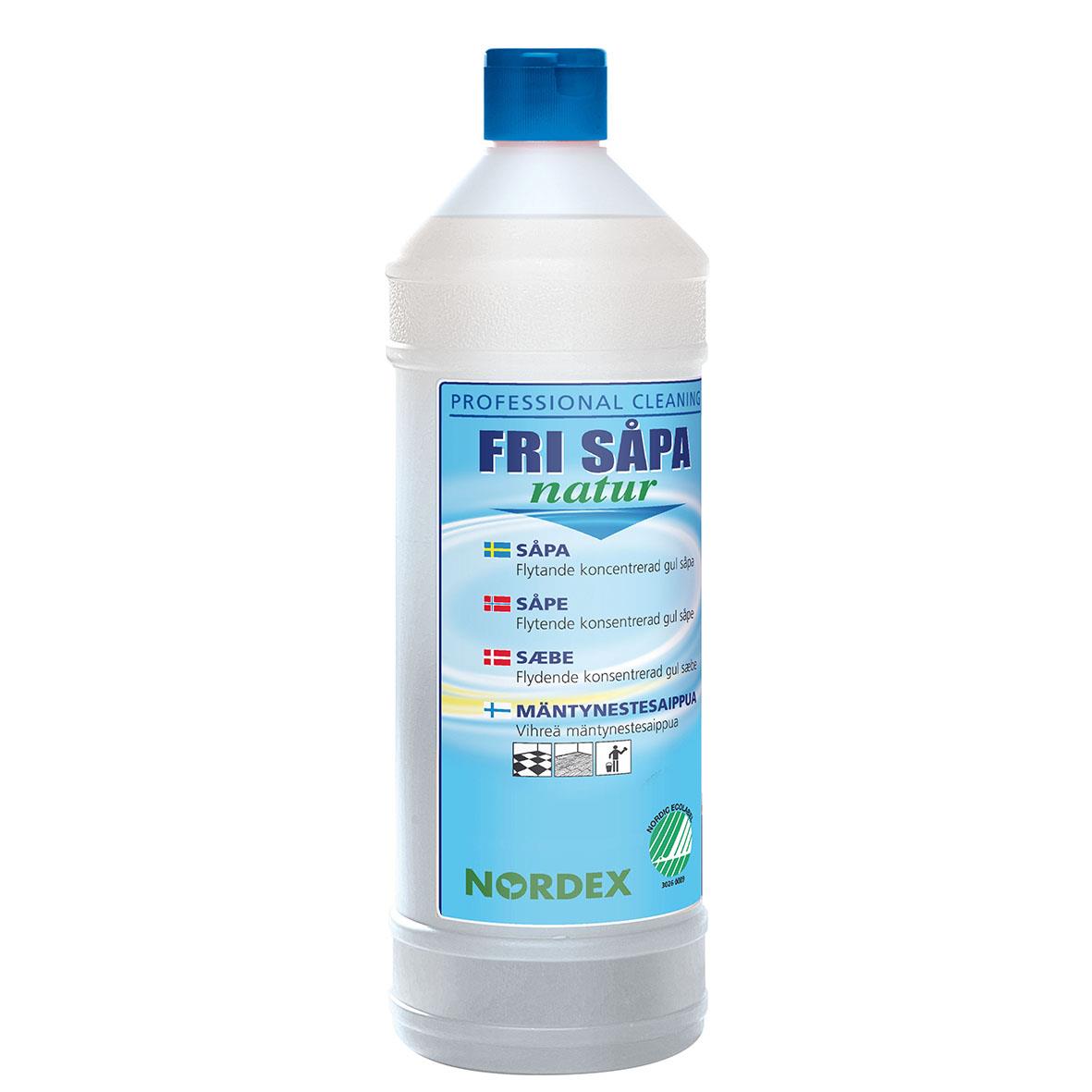 Såpa Nordex Fri Natur 1L i vit flaska med blått lock och etikett