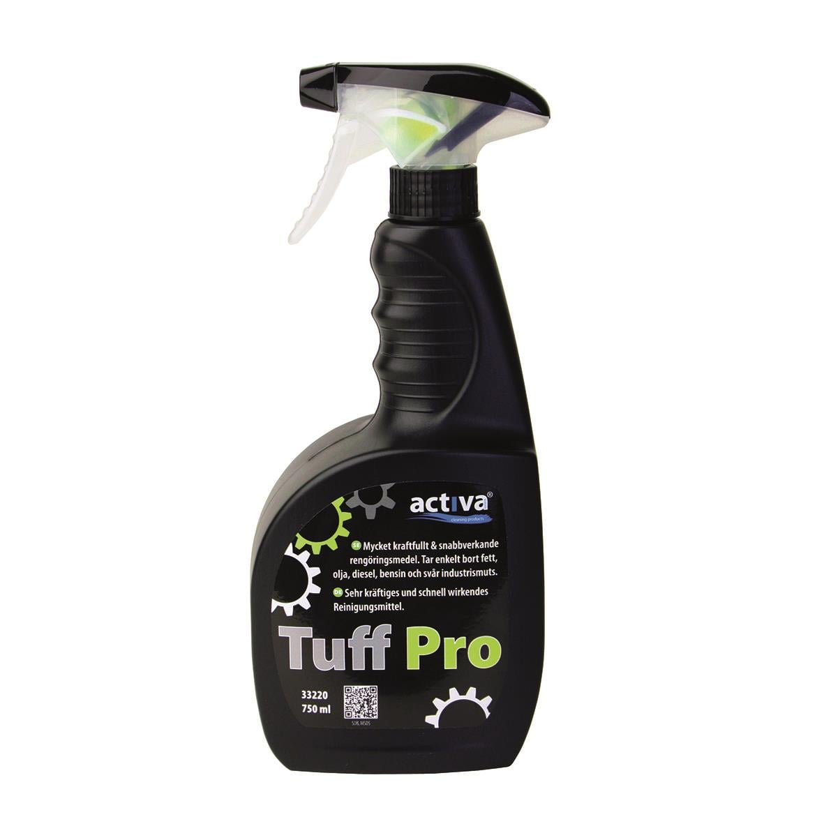 Svart sprayflaska med Activa Tuff Pro etikett och spraymunstycke
