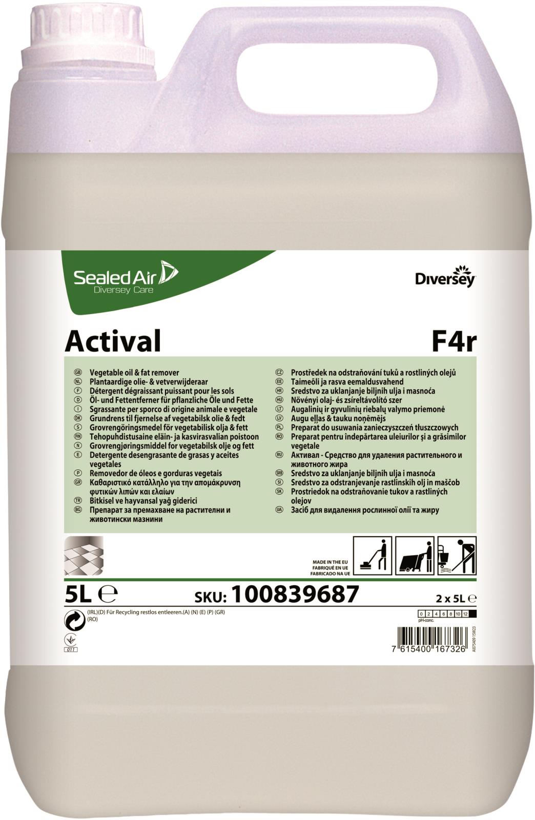 5L vit plastflaska med grön och vit etikett för Grovrent Diversey Actival F4r, innehåller vegetabiliska oljor och fettborttagning