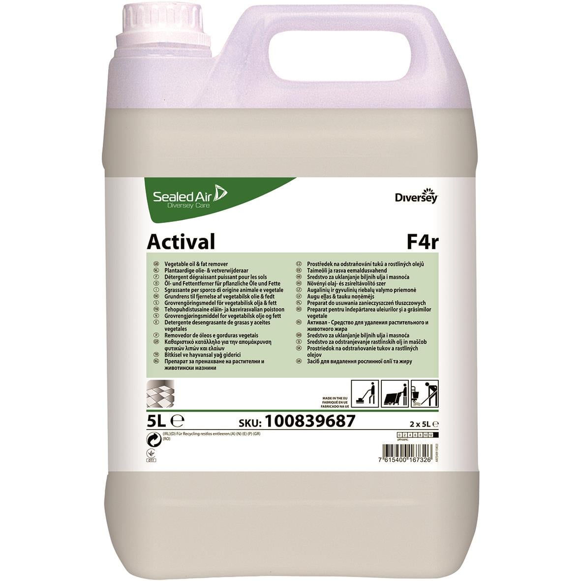 5L vit plastflaska med grön och vit etikett för Grovrent Diversey Actival F4r, innehåller vegetabiliska oljor och fettborttagning