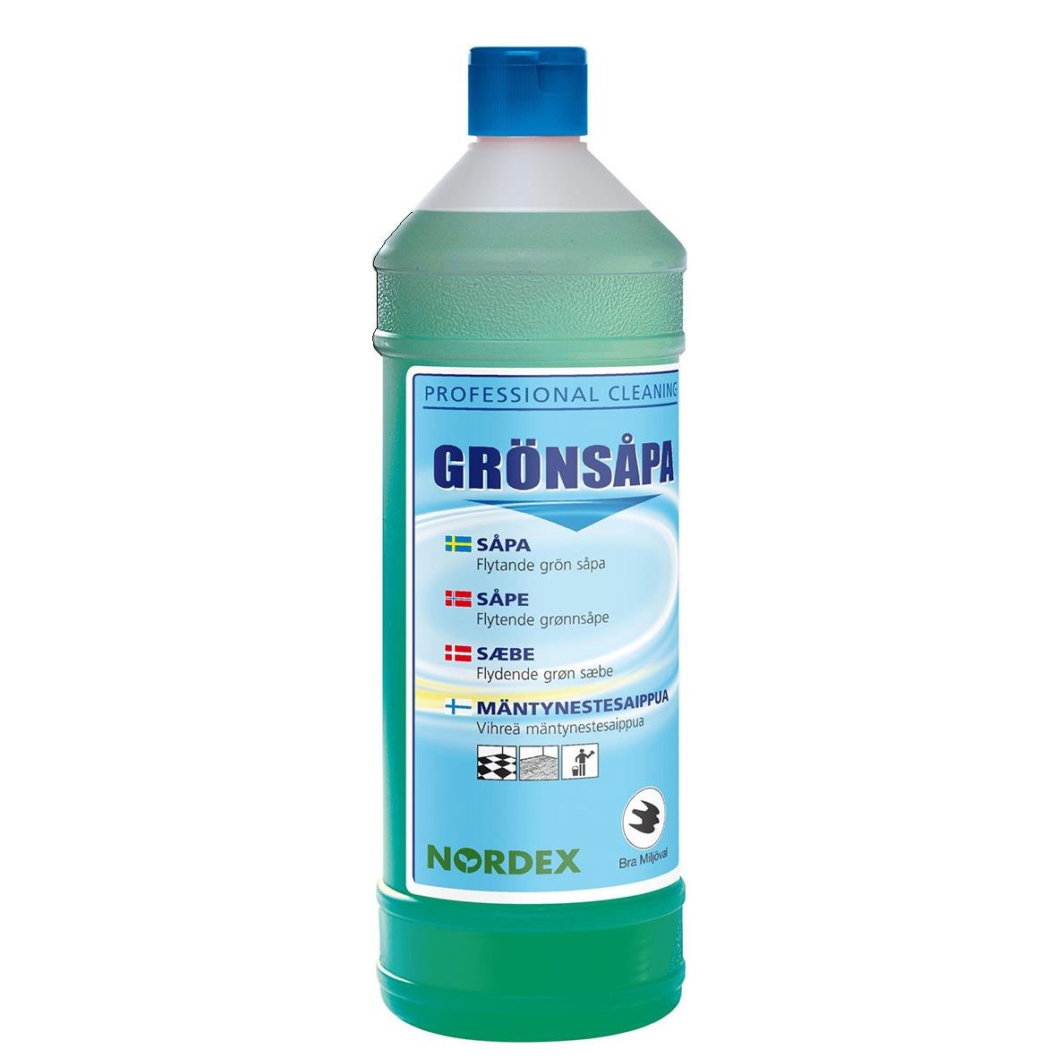 Grönsåpa från Nordex i 1-liters flaska för rengöring av ytor