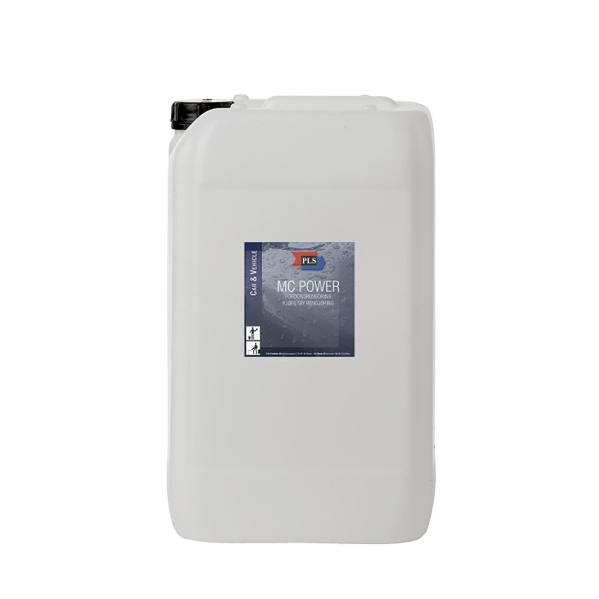 Stor vit plastbehållare för fordonsrengöring med PLS MC-Power 25L etikett
