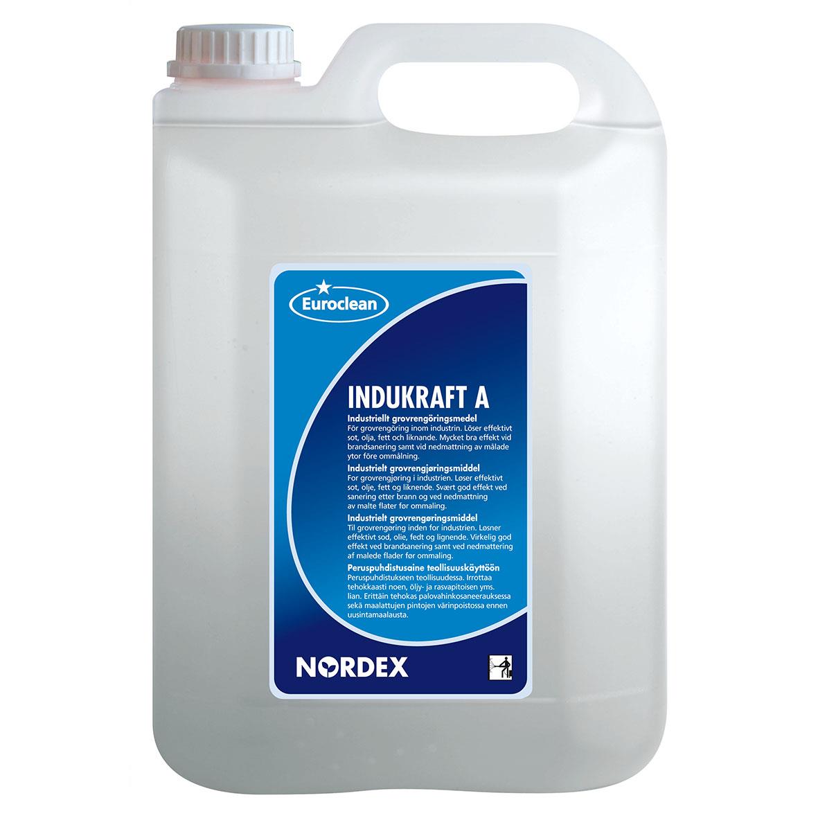 Stor vit plastdunk med blå etikett för Nordex Indukraft A 5L flytande rengöringsmedel