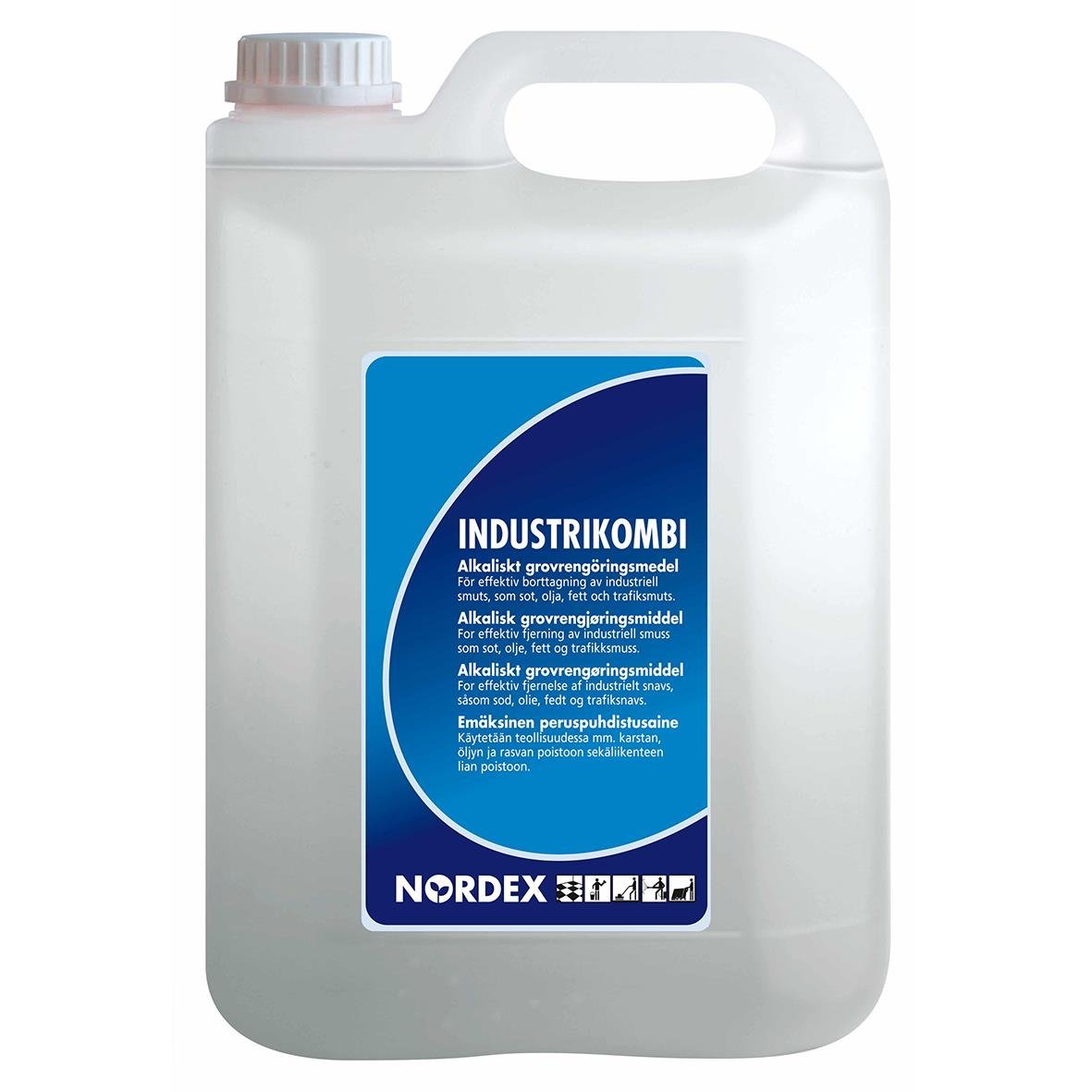 Stor vit plastdunk med blå etikett för industrirengöringsmedel Grovrent Nordex Intrustrikombi 5L