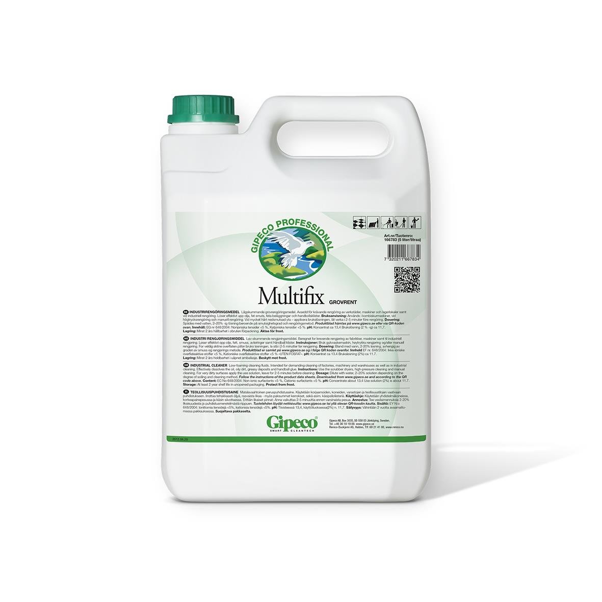 Grovrent Gipeco Multifix industrirent 5L i vit plastflaska med grön lock