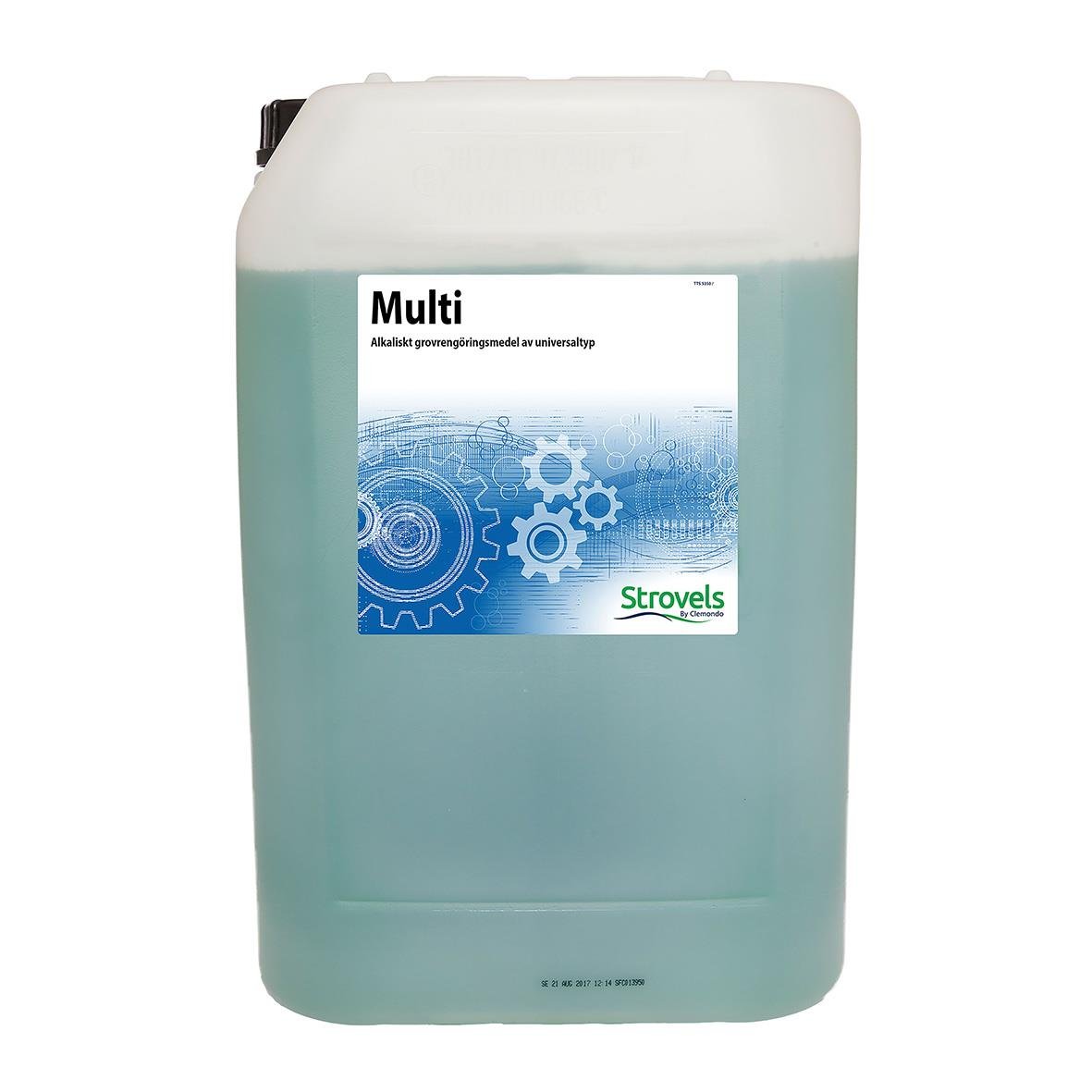 Grovrent Strovels Mult 25L i stor dunk med etikett som visar gear- och maskindelar