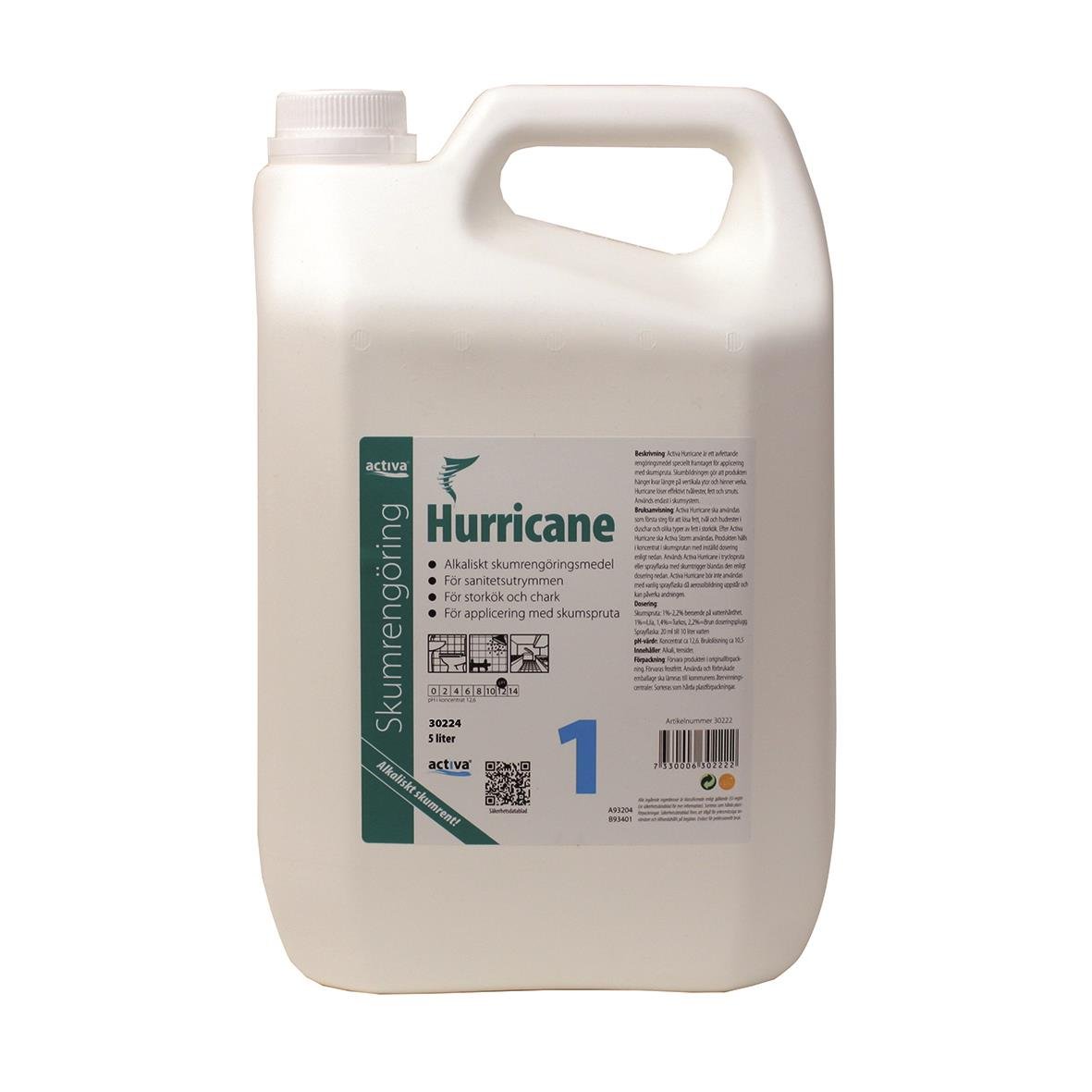 Grovrent Activa Hurricane skum oparfymerad 5L, stor vit plastdunk med handtag och etikett