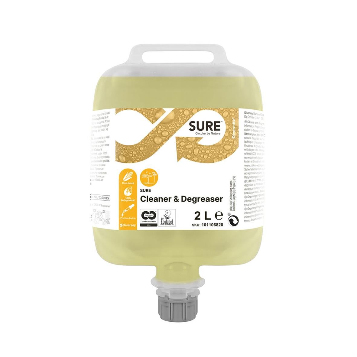 Grovrengöring Diversey Sure Cleaner & Degreaser DVM W4694 2L i en gul behållare