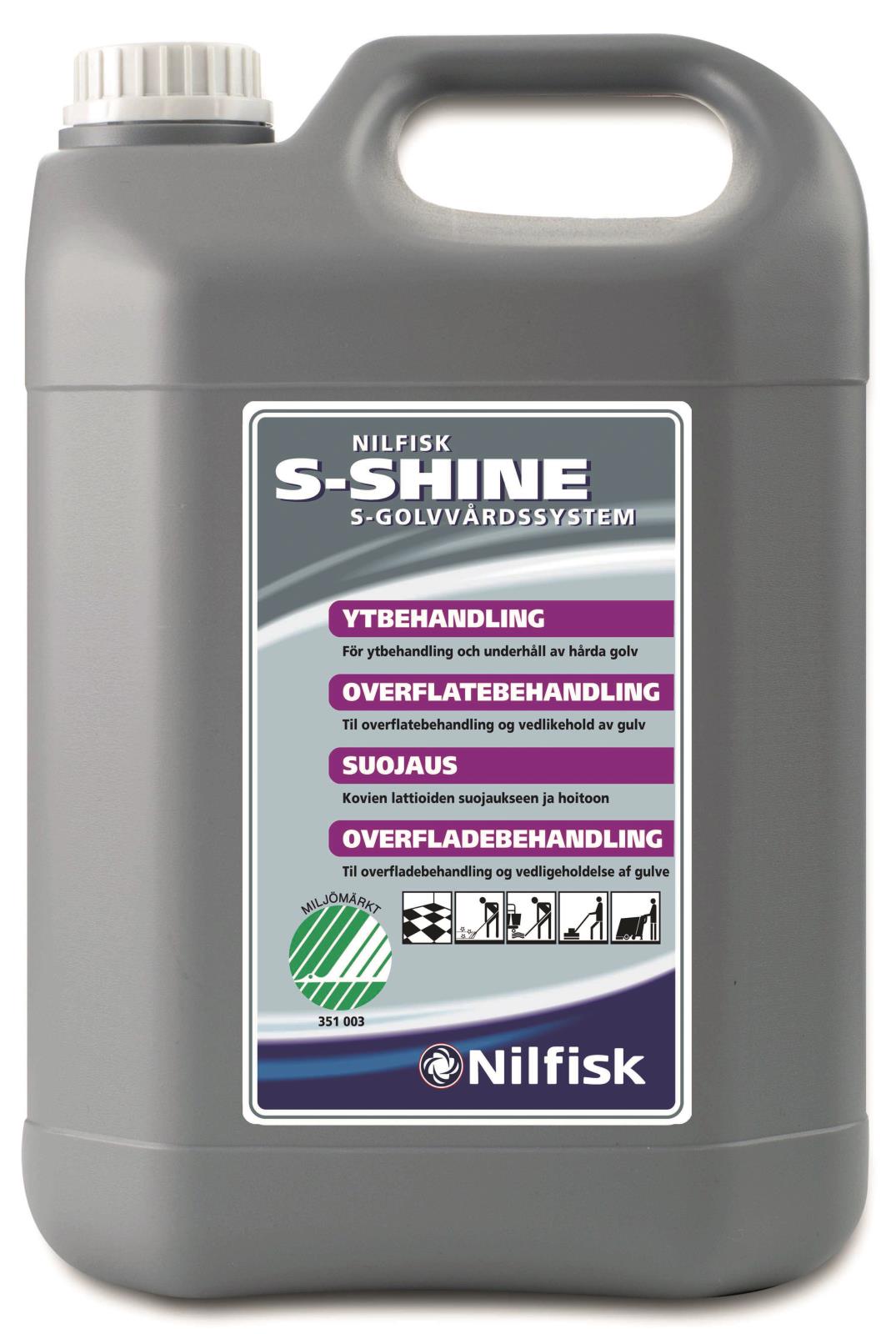 Stor grå plastkanna med handtag och lock, etikett för Golvvård Nordex S-Shine Toppolish 5L